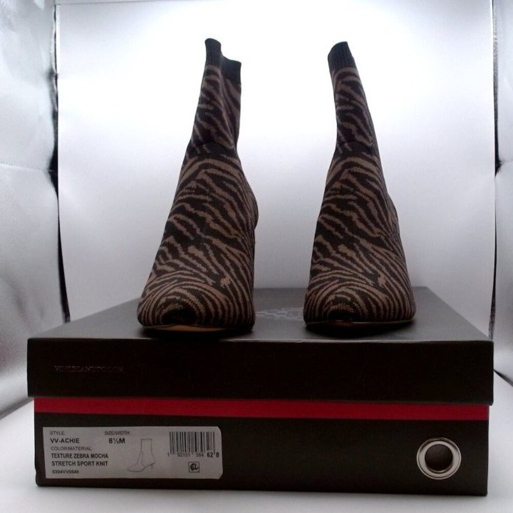 Vince Camuto “Achie” Zebra Mocha Stretch Knit Pointed Ankle Boots‎ NEW